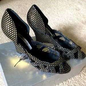 Brian Atwood black & gold polka dot heels